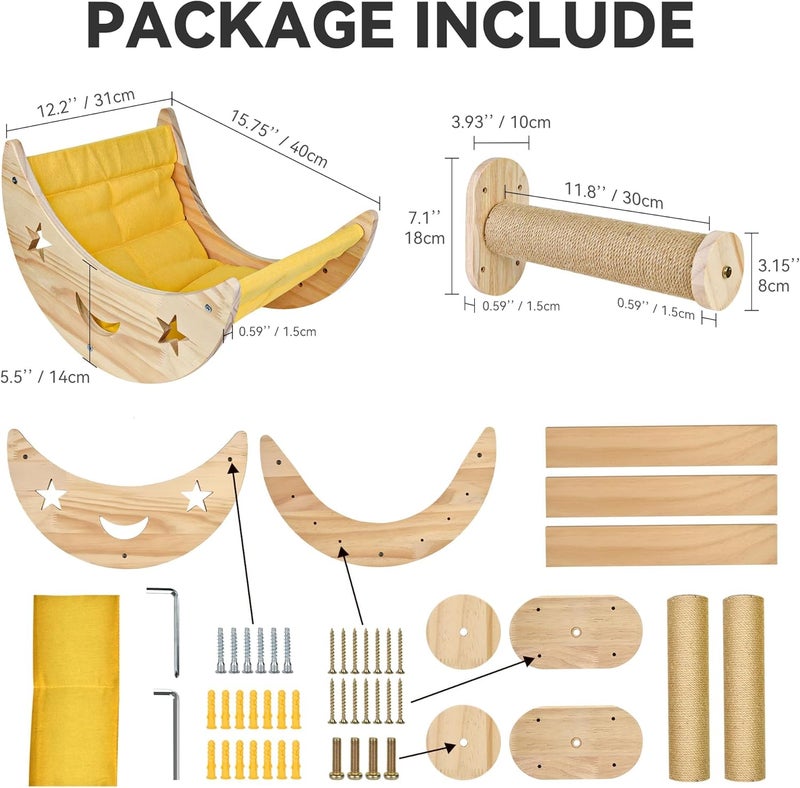 DITOSH Wall Cat Bed Moon Hammock Wall Mounted Shelf with 2 Steps Climbing Sheves and Sisal Platforms Rope Scratching Post Wood Wall Furniture Bridge Ladder Wooden Indoor Cats Wall Bed-Moon Set - Image 3